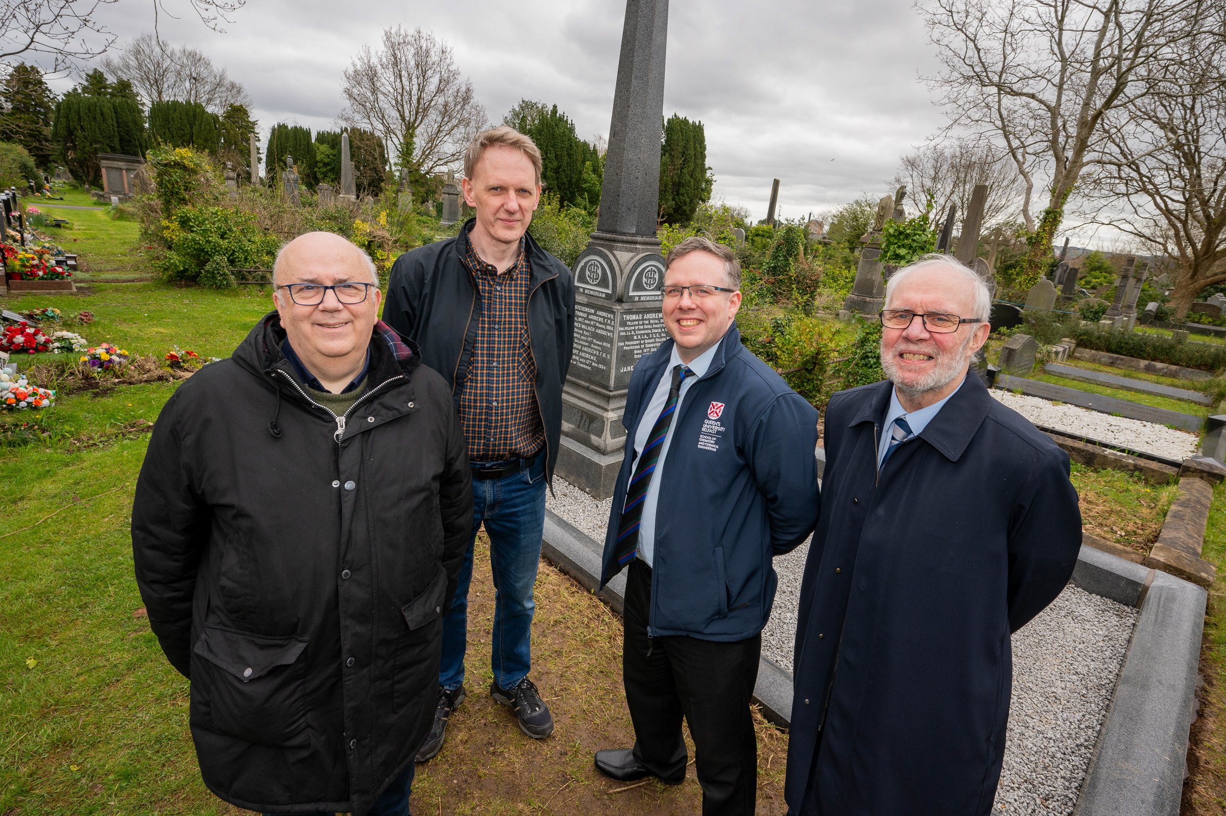 Local section members Dermot Hanna, Alistair Firth, Kevin Morgan and Michael Harriott stand beside the grave of Thomas Andrews