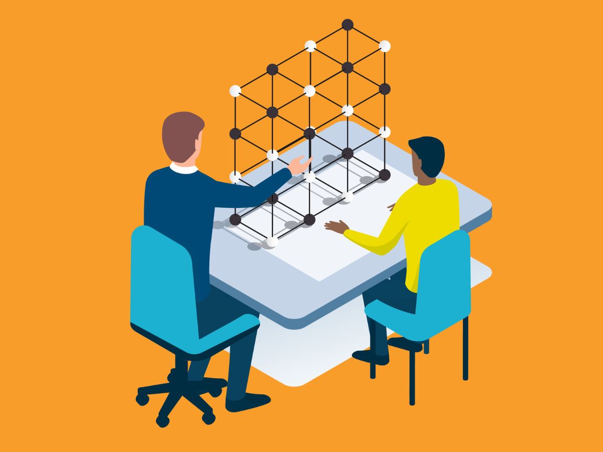 Digital illustration of teaching assistant sat with pupil