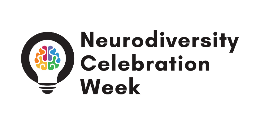 The logo for Neurodiversity Celebration Week, featuring a black light bulb featuring a multi-coloured brain to the left-hand side, with "Neurodiversity Celebration Week" to the right of it