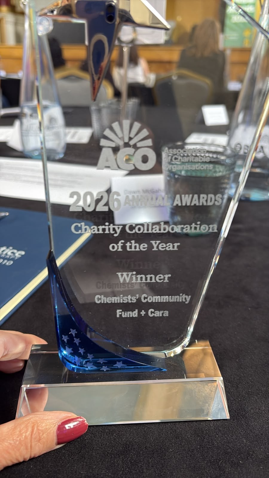 A glass trophy that reads "ACO 2026 Annual Awards - Charity Collaboration of the Year winner: Chemists' Community Fund + Cara