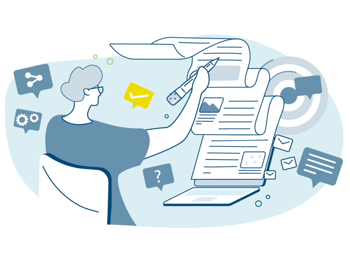 Digital illustration of person holding pen and looking at long sheet of paper