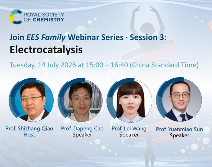 A webinar flyer titled "Join EES Family Webinar Series · Session 3: Electrocatalysis," hosted by the Royal Society of Chemistry.