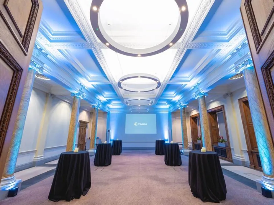 science-room-with-blue-lighting-and-drinks-tables Science room with blue lighting and drinks tables