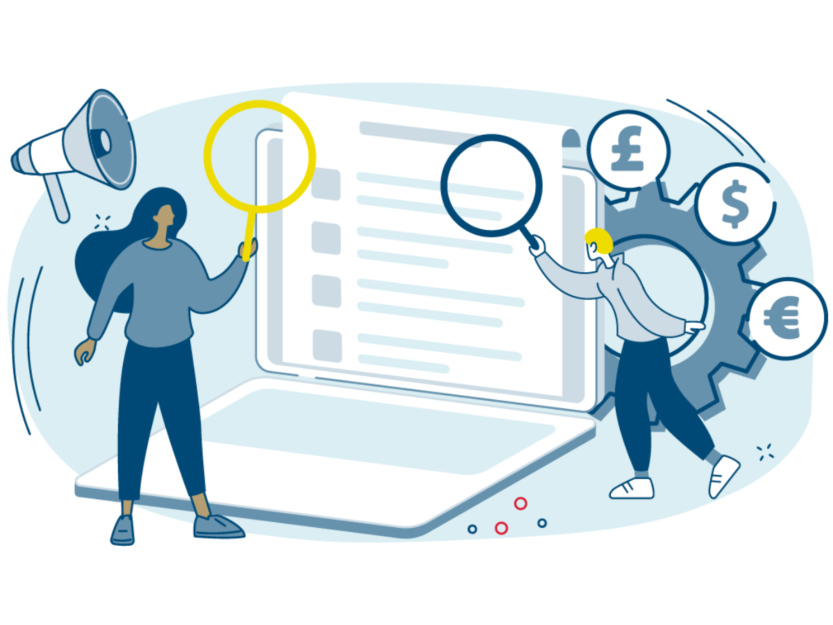 Digital illustration of people with magnifying glasses looking at laptop
