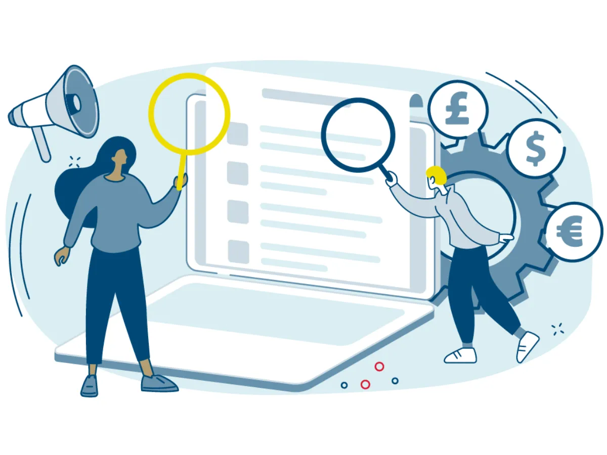 Digital illustration of people with magnifying glasses looking at laptop Digital illustration of people with magnifying glasses looking at laptop