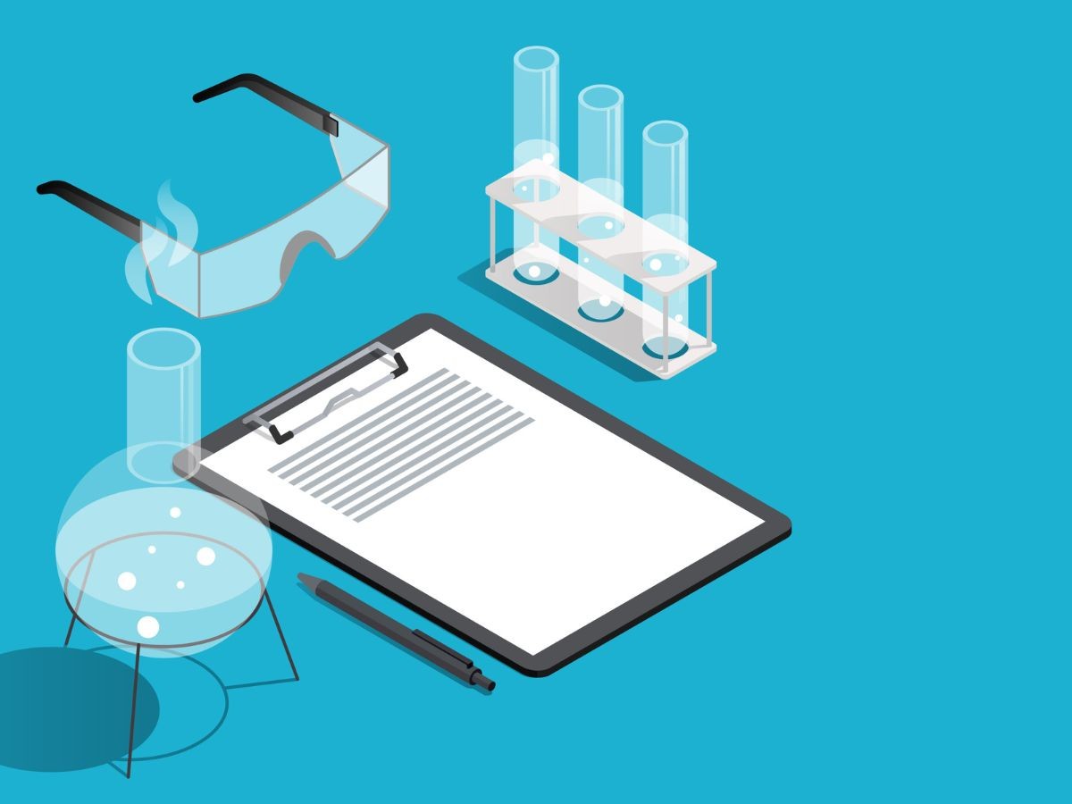 Digital illustration of clipboard and chemistry equipment