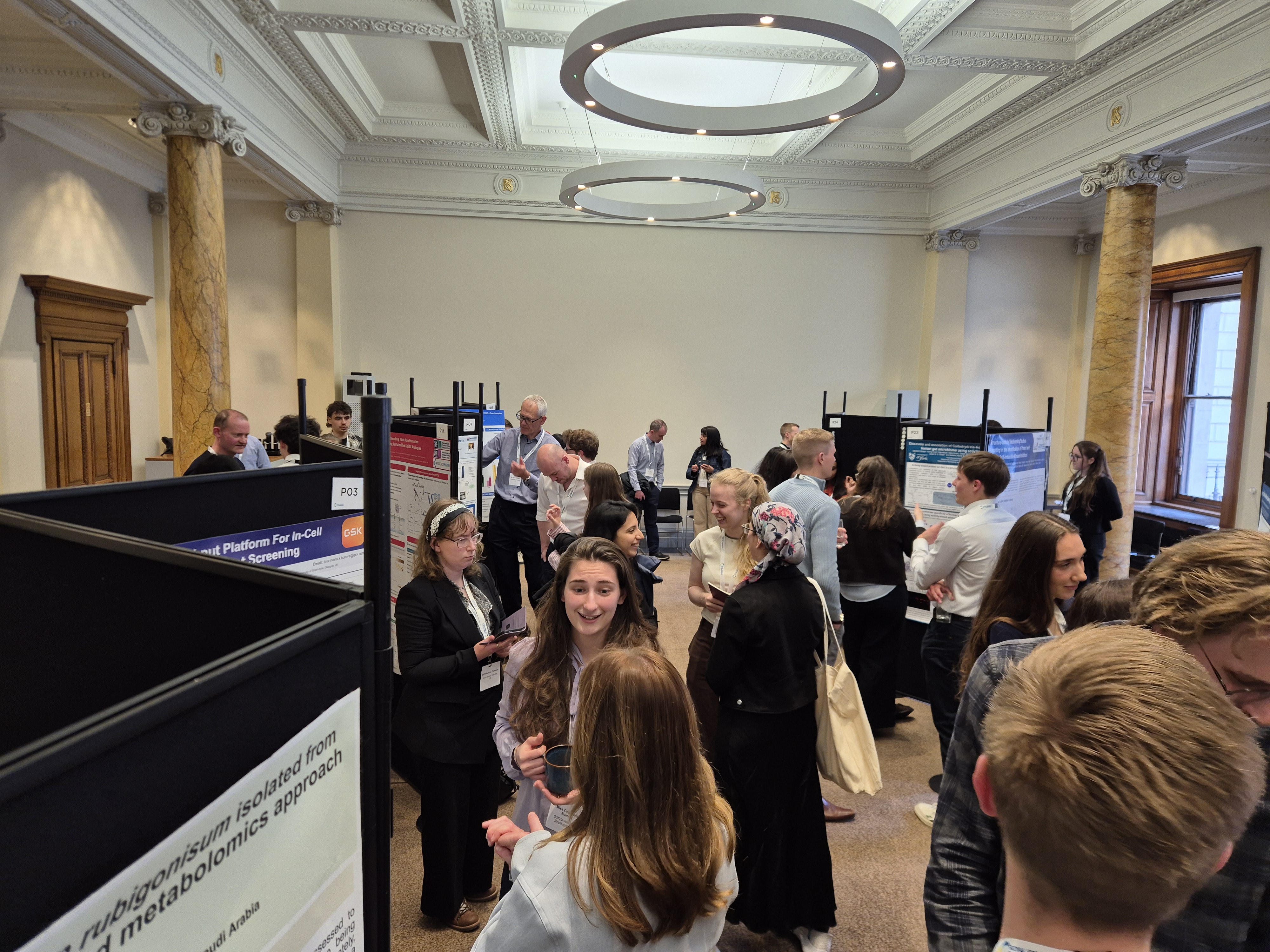 Dozens of delegates mingle around a zig-zag of poster displays