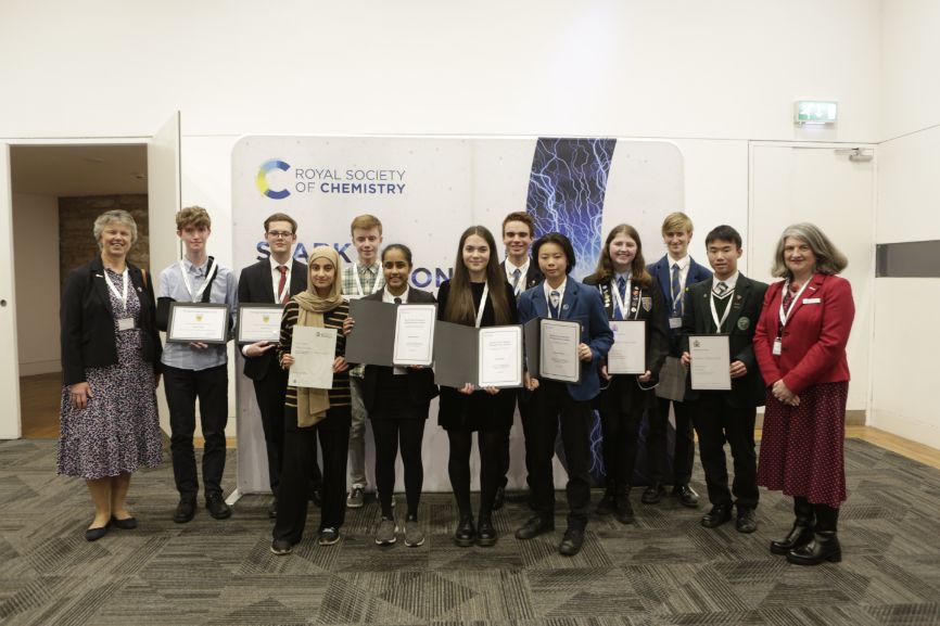 Professor Gill Reid and Dr Helen Pain flank the various award winners honoured at Science and the Parliament