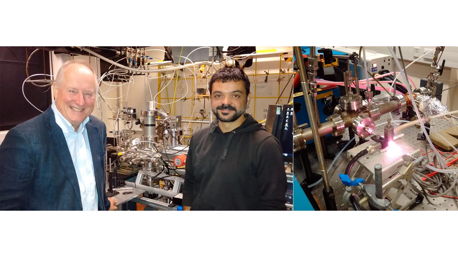 Professor John Plane standing with a colleague in front of a lab machinery