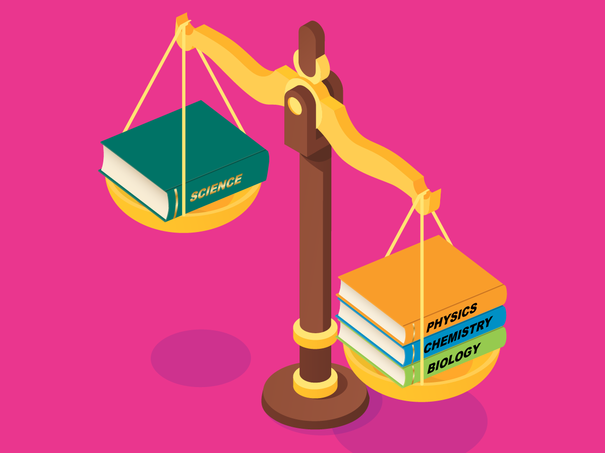 digital illustration of scales balancing one science textbook against three textbooks for chemistry, physics and biology