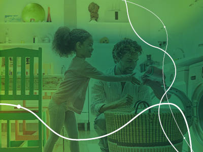 a man and a girl playing with a basket