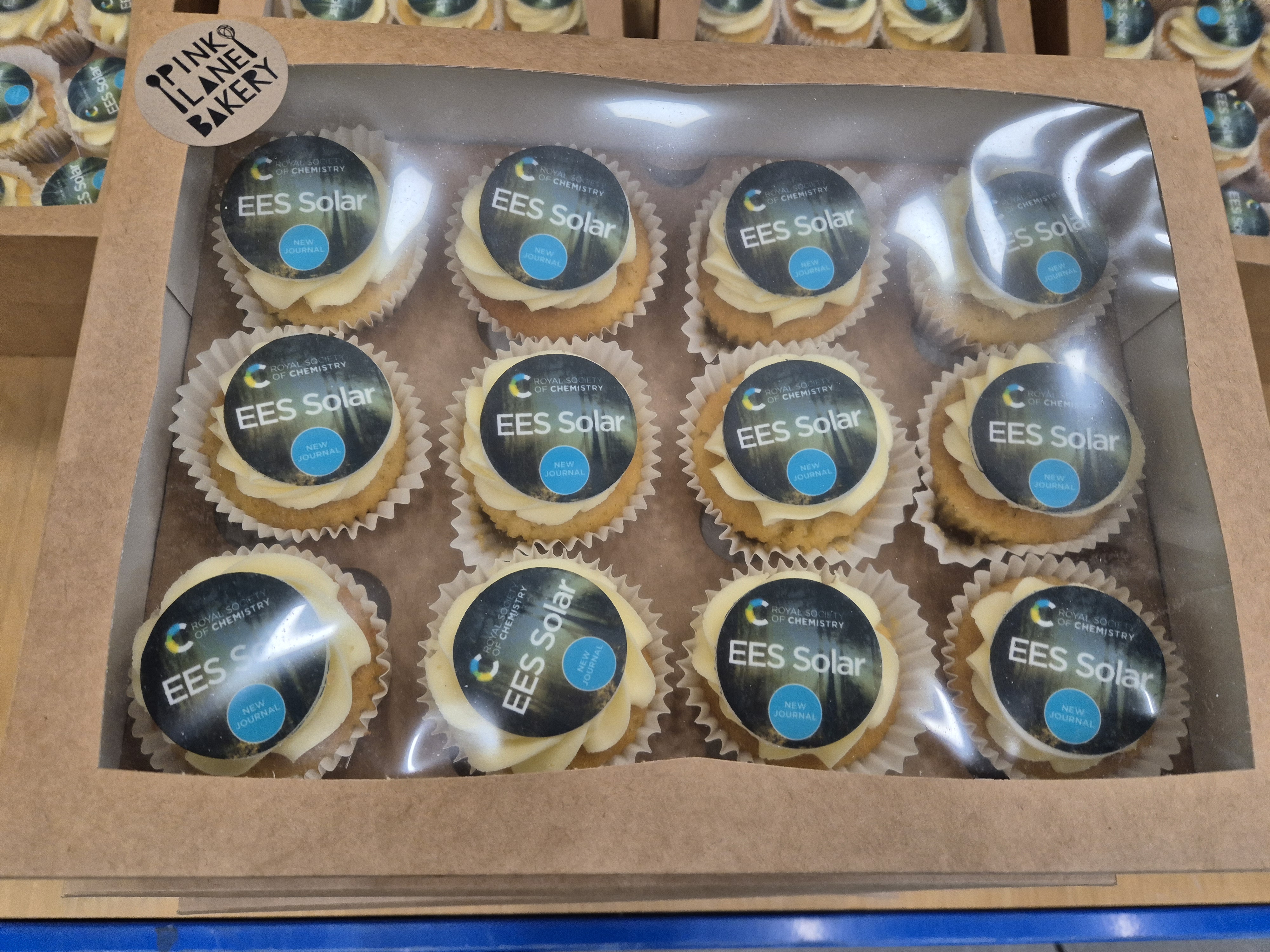 A set of 12 cupcakes with the Royal Society of Chemistry's logo and "EES Solar" on the top of them