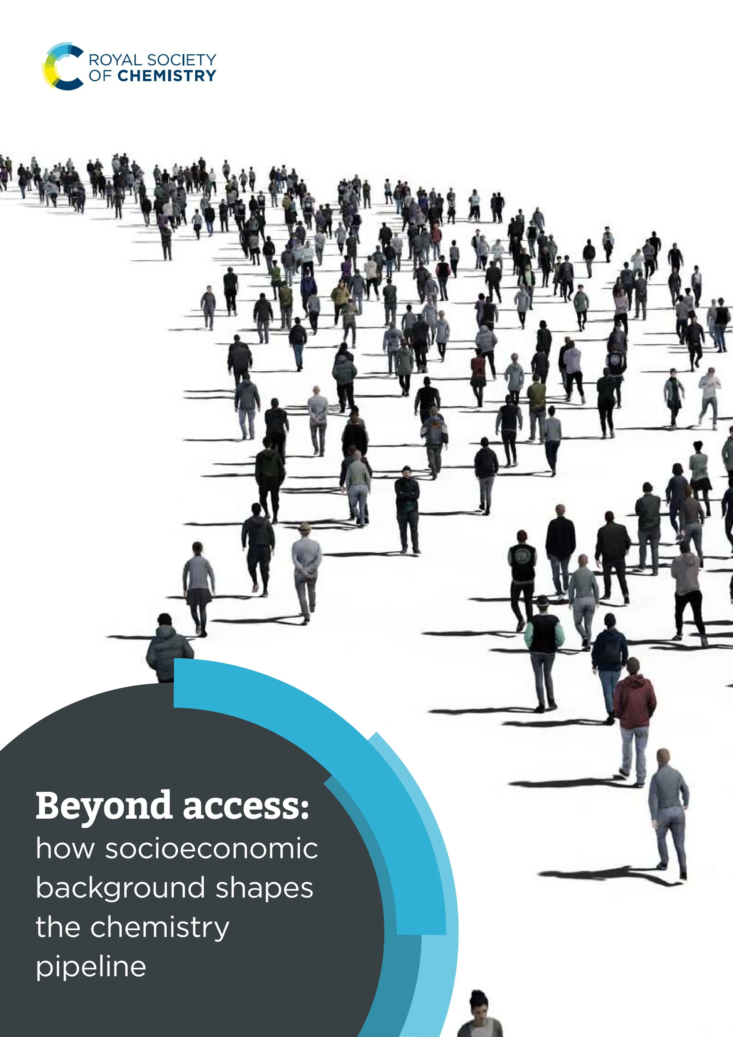 Socioeconomic background report cover Front cover of a report on the socioeconomic inclusion, showing people walking on a white background with "Beyond Access: how socioeconomic background shapes the chemistry pipeline" in the bottom left