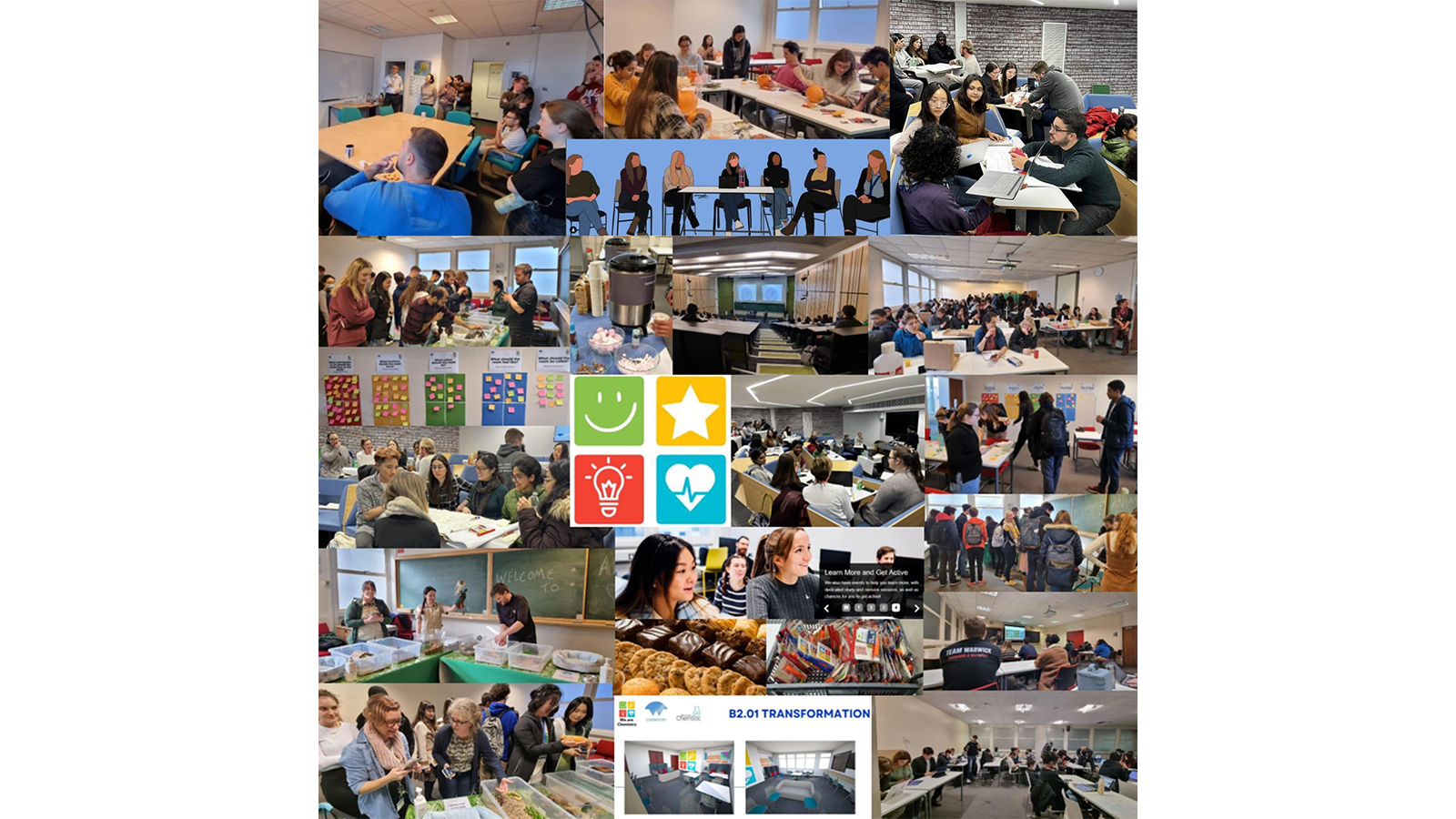 A collage of photos of groups of people in various rooms networking and at seminars run by We Are Chemistry