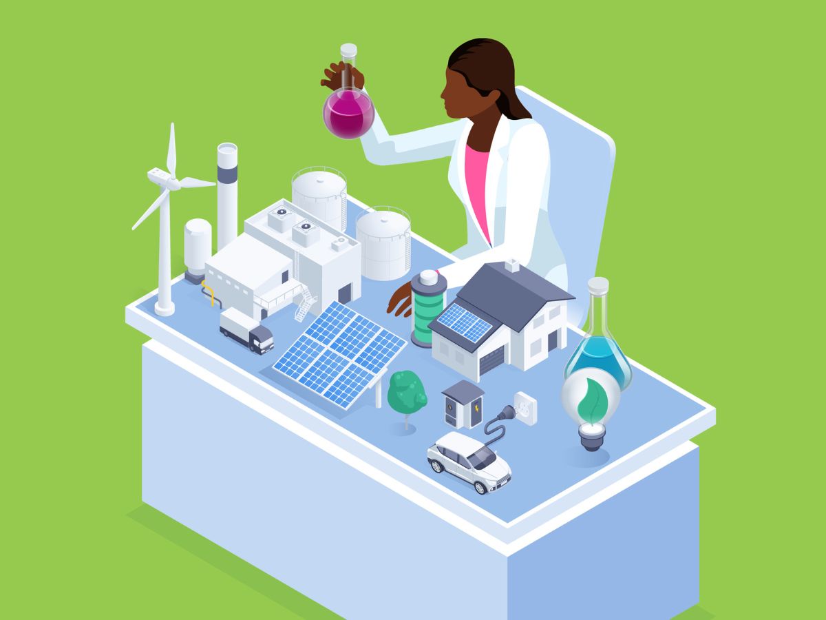 Digital illustration of person sat at a desk with chemistry equipment