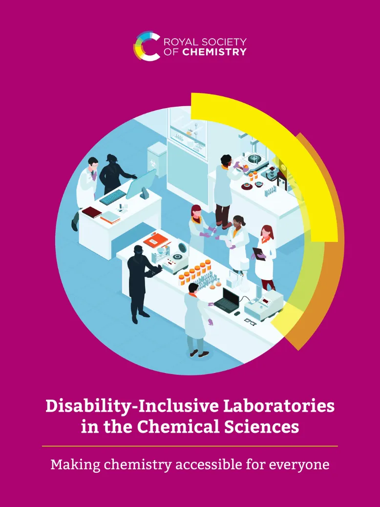 Disability Inclusive Laboratories report cover portrait Scientists and researchers in a lab setting with laboratory equipment illustration photo