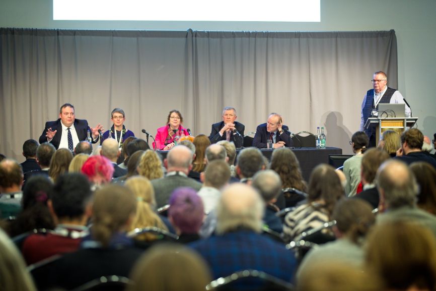 Left to right: Jamie Halcro Johnson (Scottish Conservatives), Maggie Chapman (Scottish Greens), Clare Adamson (SNP), Willie Rennie (Scottish Liberal Democrats), Michael Marra (Scottish Labour) and cha