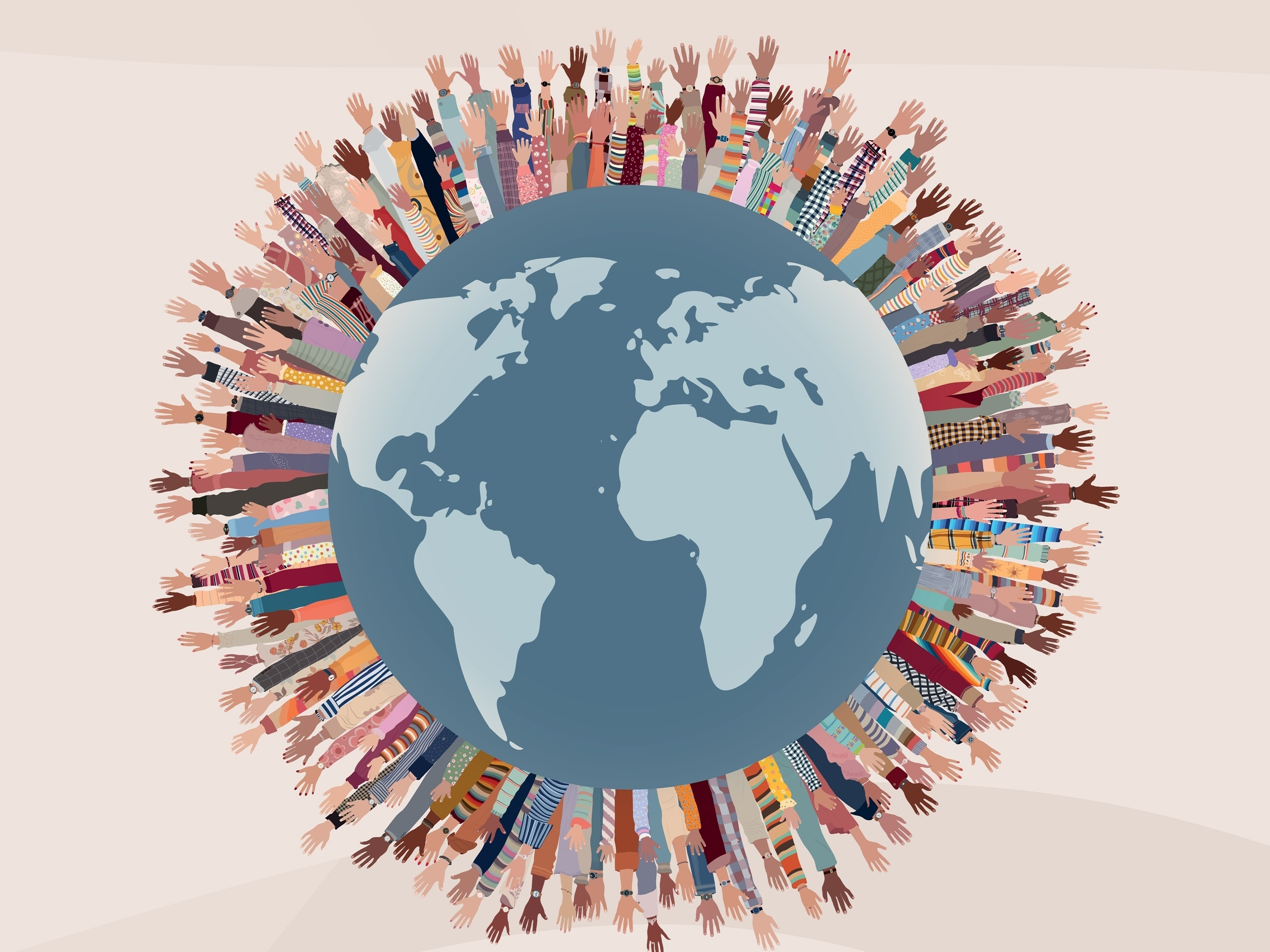 Illustration of hands around the world like flower petals