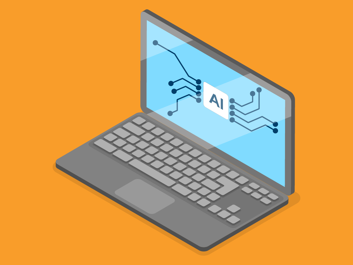 digital illustration of laptop with AI text and circuit board on the screen