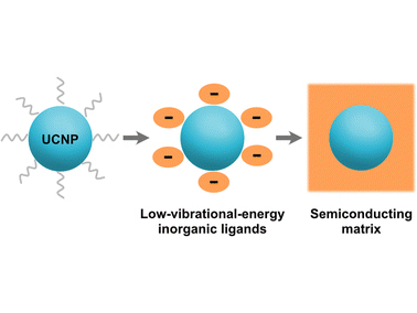 A grpahical abstract for the research paper Enhanced upconversion and photoconductive nanocomposites of lanthanide-doped nanoparticles functionalized with low-vibrational-energy inorganic ligands