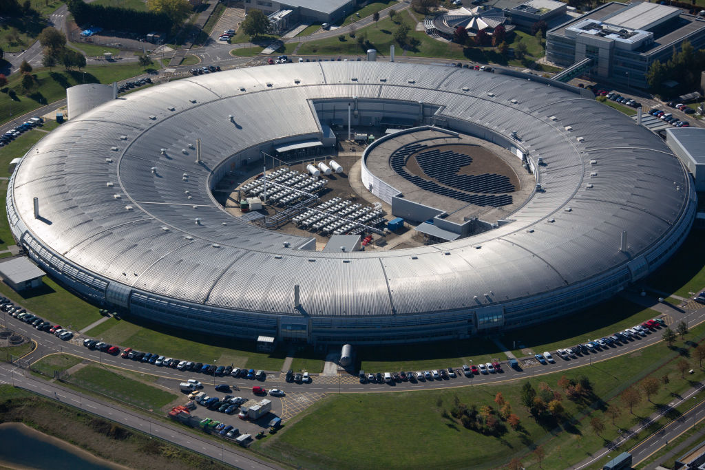 Diamond Light Source building (GettyImages-1124409127) The Diamond Light Source building, a large doughnut-shaped building made of metal