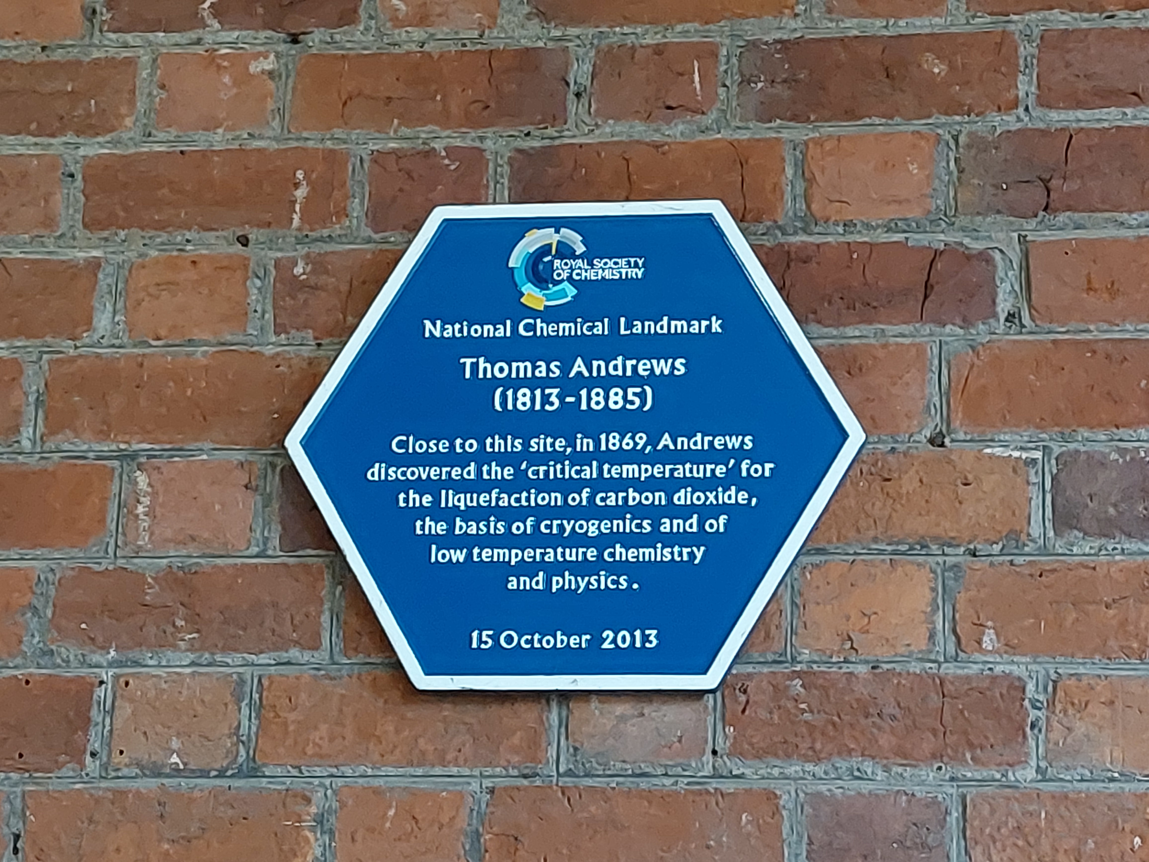 The National Chemical Landmark plaque in honour of Thomas Andrews, located at Queen's University Belfast